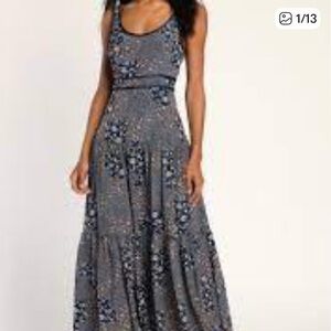 Lulu's Midnight Navy Patchwork Floral Print Maxi Dress, size L